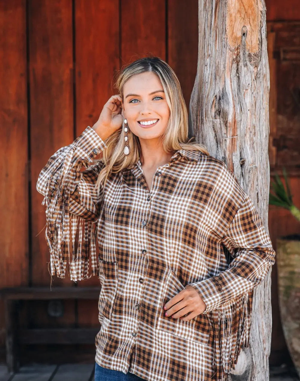 Southern Grace Woodland Escape Long Sleeve Flannel, Brown Plaid & Fringe-Shirts & Tops-Sunshine and Wine Boutique
