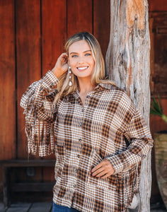 Southern Grace Woodland Escape Long Sleeve Flannel, Brown Plaid & Fringe-Shirts & Tops-Sunshine and Wine Boutique