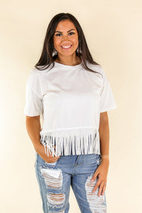 Southern Grace Here for the Show Studded Fringe Crop Short Sleeve Crewneck Top, White-Shirts & Tops-Sunshine and Wine Boutique