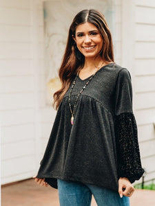 Southern Grace Starry Night Long Sleeve Leopard Top, Black-Shirts & Tops-Sunshine and Wine Boutique