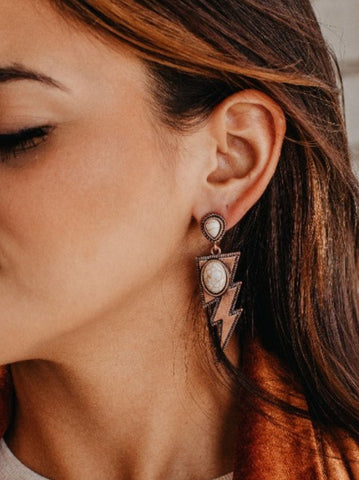 Ashlyn Rose Show Stopper Bronze & Cream Stone Thunder Bolt Earrings-Earrings-Sunshine and Wine Boutique