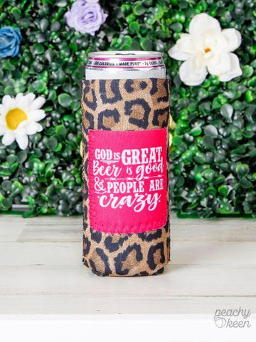 Peachy Keen God is great leopard Slim Can Cooler-Can & Bottle Sleeves-Sunshine and Wine Boutique